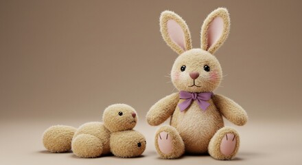 Obraz premium Soft plush bunny and friend pose sweetly under warm gentle light. AI Generated