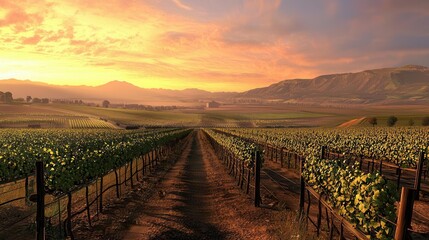 Fototapeta premium Vineyard at Sunset Golden Hour Landscape