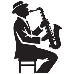 Naklejka premium Elegant Silhouette of a Jazz Saxophone Player Sitting Illustration