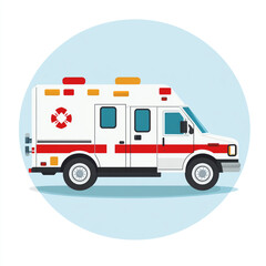A side view of an ambulance with a red and white color scheme, emergency lights on top, and a medical symbol on the side.