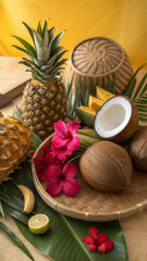 Tropical Fruit Arrangement with Flowers on Wooden Background  