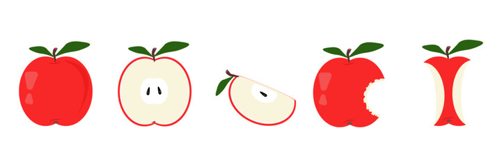 Red juicy apple. Set of apples. Red apple with leaf, half apple, apple slice on white isolated background. Fruits and vitamins. Elements