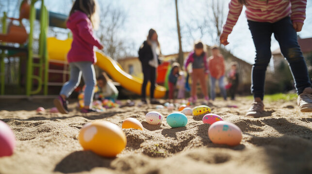Kids and parents enjoy outdoor family activity with kids running around with eggs on ground, playing with colorful eggs outdoors, at a playground for fun. - Powered by Adobe