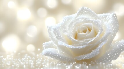 Delicate white rose with water droplets, elegant backdrop