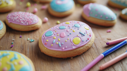 Colorful decorated Easter egg cookies and sugar cookies with sprinkles on a wooden surface showcase sweet treats, baked goods, desserts, and vibrant food.