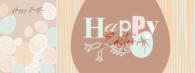 Happy Easter! Fully editable poster with isolated illustrations, greeting infographics, pastel backgrounds.