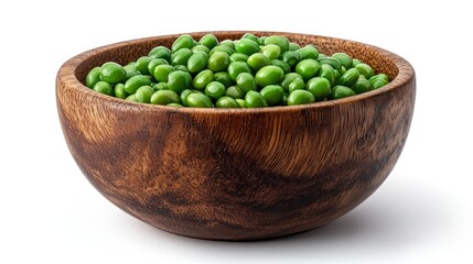 Wooden bowl of fresh green peas isolated on white background