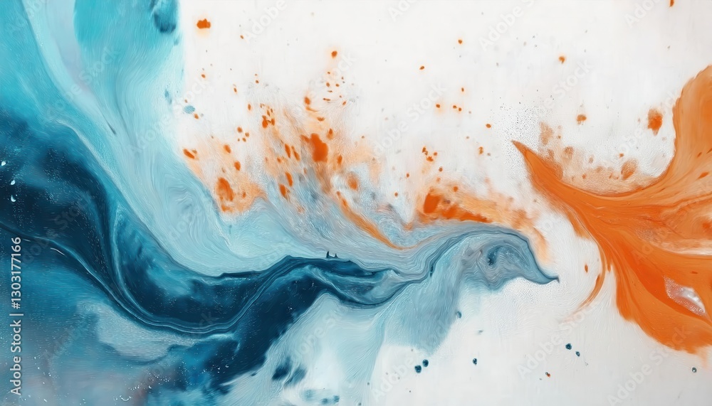 Poster abstract fluid art with blue and orange ink swirls, dynamic paint splash with contrast effect, perfe