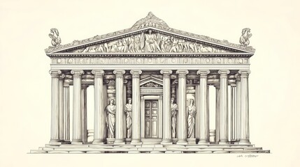 Detailed illustration of a classical temple with columns, statues, and intricate pediment.