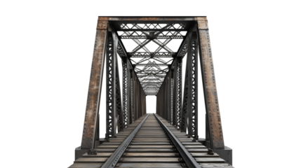 Old railway bridge metal structure track perspective,