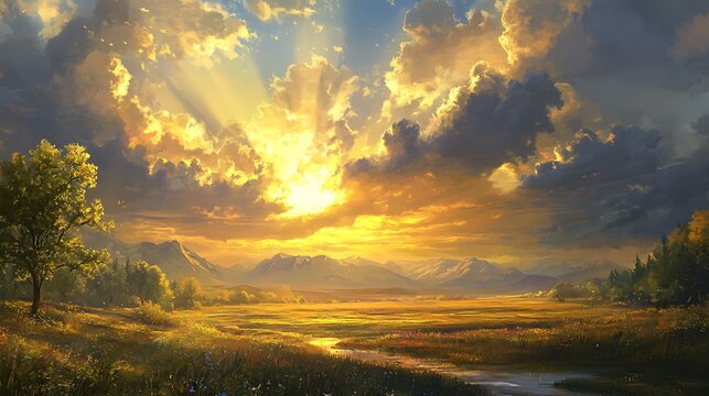 The sun casting golden light through breaks in the clouds over a serene valley