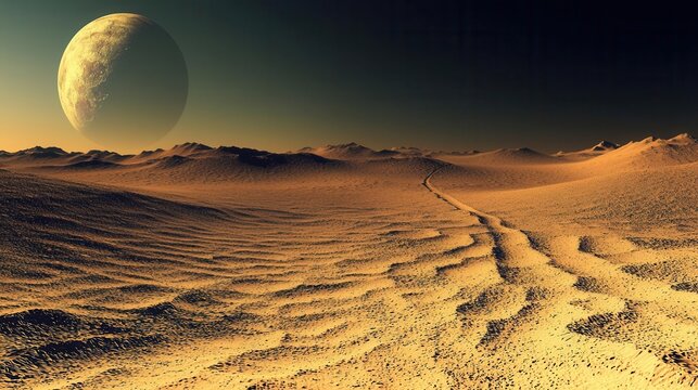 Alien Desert Landscape with Large Moon and Path