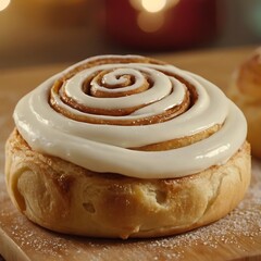Fototapeta premium Close up of a Cinnamon roll, foreground sharp with bokeh background.horizontal, no people, color image, freshness, homemade, snack, cinnamon, dough, food and drink, sweet food, bakery, 83
