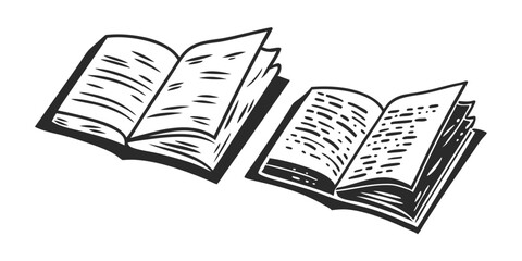 Open Book Sketch - Transparent Engraving, Scratch-Board Black & White Illustration