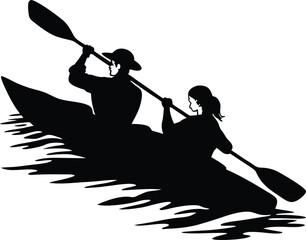 A Vector Silhouette of a Male and Female Flat Water Kayaking Together in a Tandem Kayak