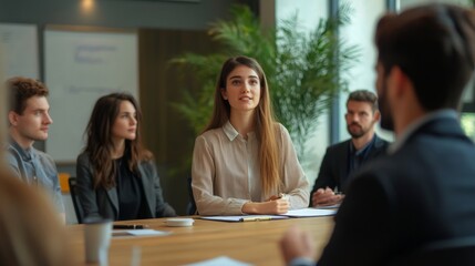 Obraz premium Teenager giving a presentation in a corporate boardroom, colleagues listening attentively