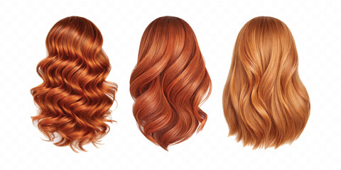 three copper hair swatches in different colour style isolated on white background