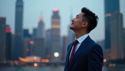 Confident rich asia business man executive standing in modern big city looking and dreaming of future business success, thinking of new goals, business vision and leadership concept.