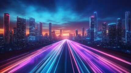 Fototapeta premium Futuristic city skyline at sunset with vibrant light trails on a highway.