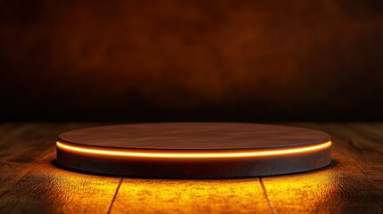 Obraz premium Wooden display podium with warm lighting on rustic table