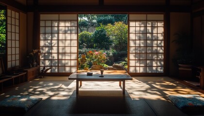 Obraz premium Traditional Japanese Interior Room With Open Sliding Doors Leading to Green Garden View in Natural Light