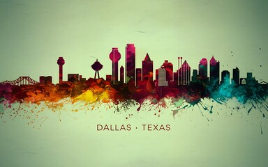 Vibrant Dallas Texas Skyline Watercolor Cityscape Painting Art Print