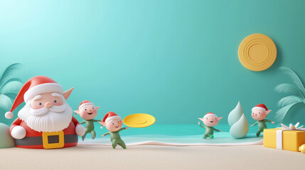 Fototapeta premium Christmas in July Santa. Cheerful Santa with playful elves in a festive, colorful scene.