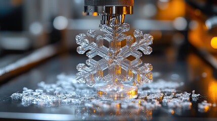 3d printer printing plastic model of a snowflake technology and winter concept