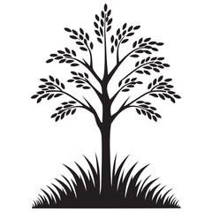 Minimalist Tree Vector Art Silhouette with Grass Illustration