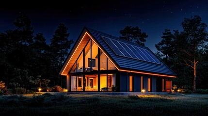 Modern eco-friendly house with solar panels illuminated at night in forest setting