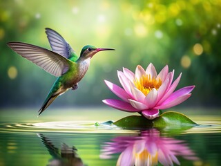 Fototapeta premium Nature's beauty captured: hummingbird on lily pads.