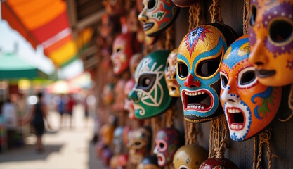 Colorful mexican masks on display during cinco de mayo celebration, vibrant festival atmosphere in mexican culture