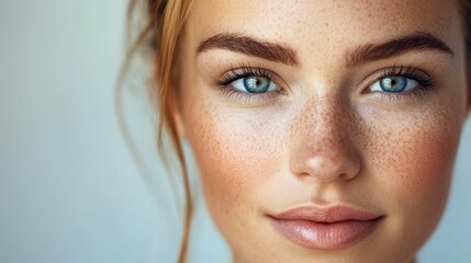 Obraz premium Beautiful woman face natural freckles and blue eyes.