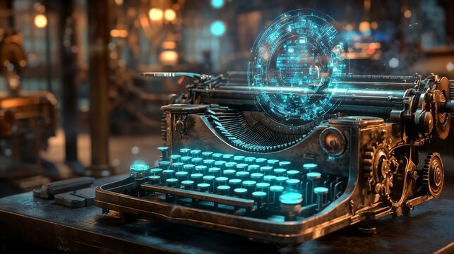 Antique typewriter with holographic technology in a steampunk workspace