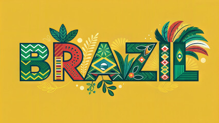 Colorful Brazil typography with tropical leaves, indigenous patterns, and carnival feathers for travel blogs, cultural websites, postcards, and festival promotions