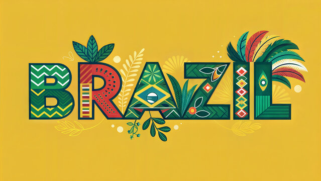 Colorful Brazil typography with tropical leaves, indigenous patterns, and carnival feathers for travel blogs, cultural websites, postcards, and festival promotions