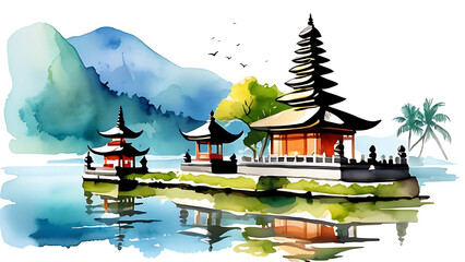Obraz premium Watercolor Bali Temple Illustration on Lake with Mountain View