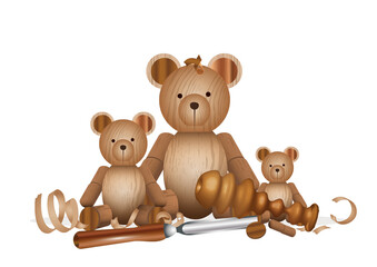 Digitale Illustration von drei stilisierten B&auml;renfiguren in Holzoptik. Die Holzmaserung und sanfte Braun- und Beiget&ouml;ne verleihen dem Bild eine nat&uuml;rliche und warme Ausstrahlung.