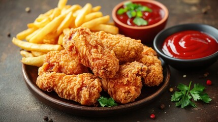 Fototapeta premium Crispy Fried Chicken Wings with French Fries and Dipping Sauces