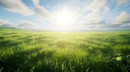 Fototapeta premium The sun shining brightly through thin clouds over a vast green meadow