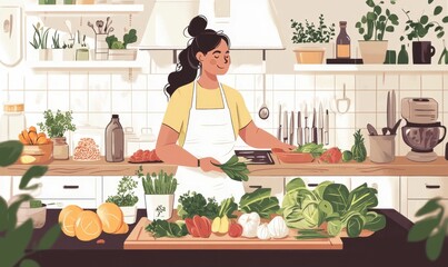 Woman prepares fresh vegetables in her kitchen.