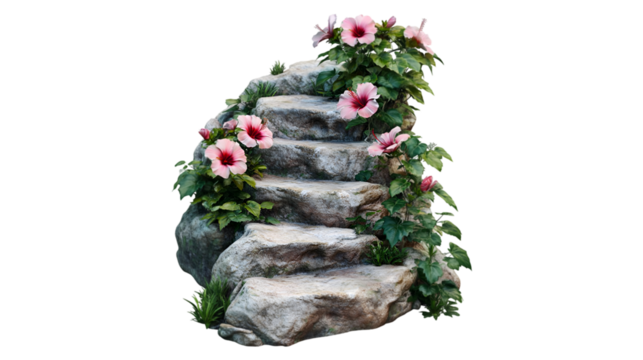 Stone stairs adorned with pink hibiscus flowers and lush greenery, Isolated on Transparent Background