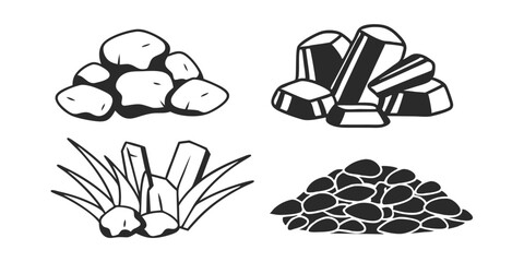 Nature Stones Doodle Set - Gravel, Boulders, Pebbles, Minerals, Black & White Sketch