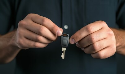 Man holding car key towards camera.