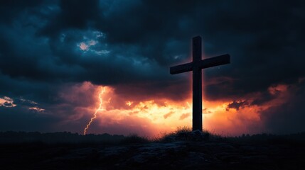 Fototapeta premium Dramatic Cross Silhouette Against Stormy Sky and Lightning Strikes