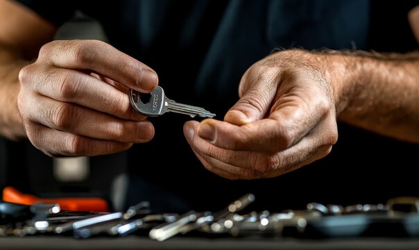 Holding up shiny key with fingers.