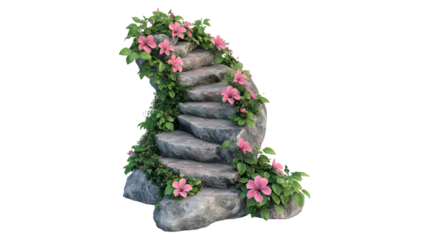 Stone staircase adorned with pink flowers and lush greenery a magical scene, Isolated on Transparent Background