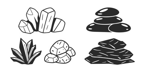 Nature Stones Doodle Set - Gravel, Boulders, Pebbles, Minerals, Black & White Sketch