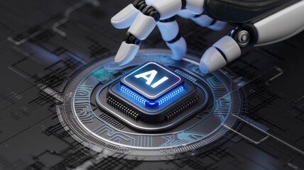 AI Text wording on blue background, technology binary pattern background, computer science, circuit pattern background, robotic engineering wallpaper