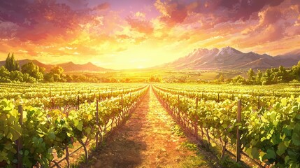 Naklejka premium Golden Hour Vineyard Landscape Rows of Grapevines at Sunset